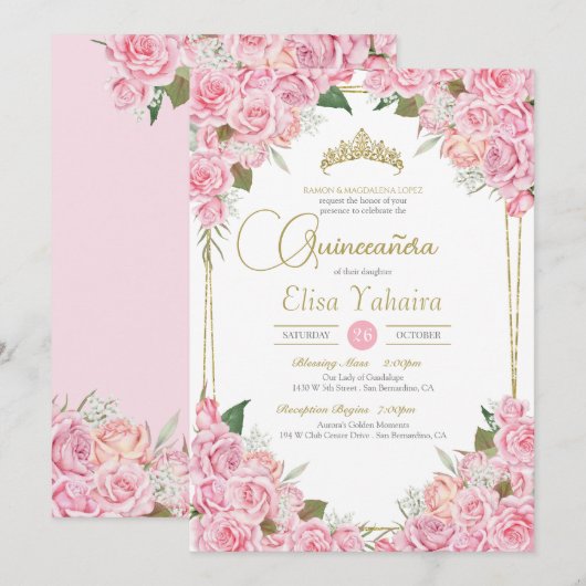 Roze rozen en Gold Tiara Floral Quinceanera Kaart (Voorkant / Achterkant)
