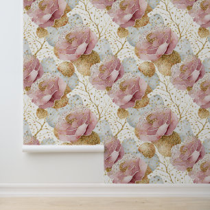Roze rozen en goud behang