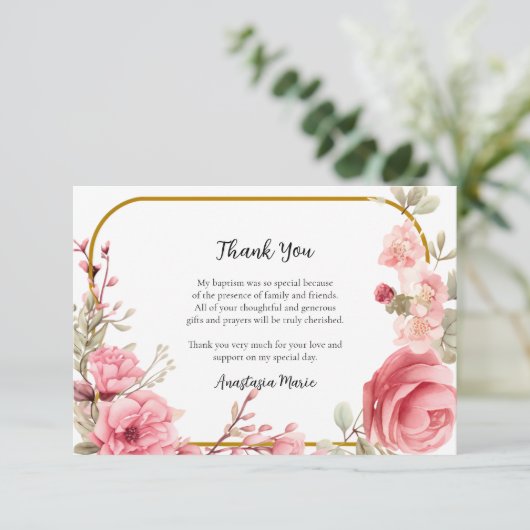 Roze Rozen en Goud Lijst Orthodox Doopsel Bedankkaart (Staand voorkant)