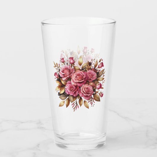 Roze rozen en gouden bladeren glas (Achterkant)