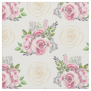 Roze Rozen en Gouden Bloemen Aquarel Stof