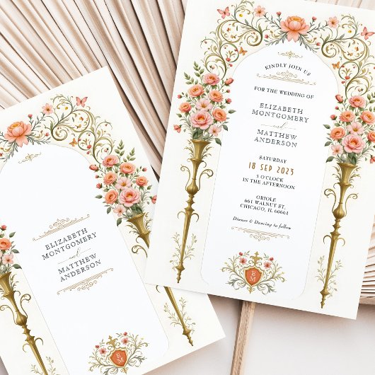 Roze rozen en gouden urnen Victoriaans bruiloft Kaart