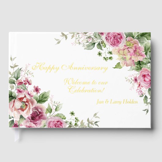 Roze rozen en goudfolie Jubileum Gastenboek (Voorkant)