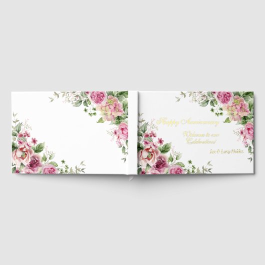 Roze rozen en goudfolie Jubileum Gastenboek (Volledig)