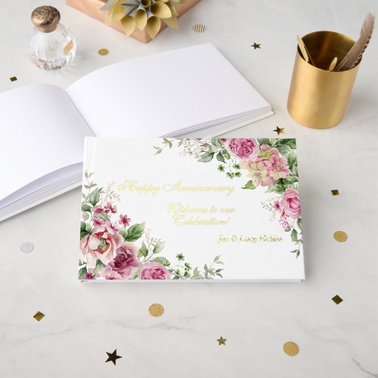 Roze rozen en goudfolie Jubileum Gastenboek (Voorkant open)