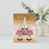 Roze rozen en goudglitter Unicorn Briefkaart (Staand voorkant)