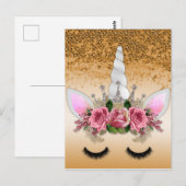 Roze rozen en goudglitter Unicorn Briefkaart (Voorkant / Achterkant)