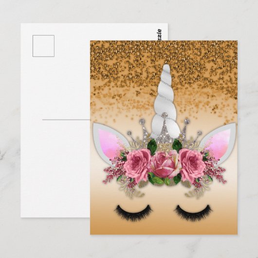 Roze rozen en goudglitter Unicorn Briefkaart (Voorkant / Achterkant)