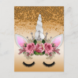 Roze rozen en goudglitter Unicorn Briefkaart