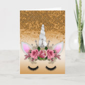 Roze rozen en goudglitter Unicorn Kaart (Voorkant)