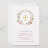  roze rozen en goudkruis | Floral Baptisme Kaart (Voorkant)