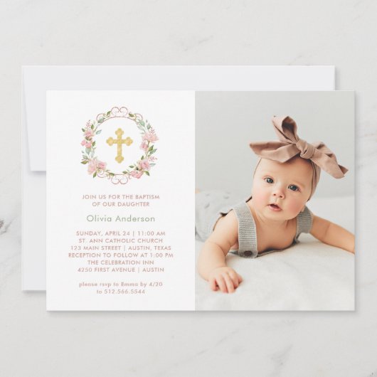  roze rozen en goudkruis | Fotobaptisme Kaart (Voorkant)