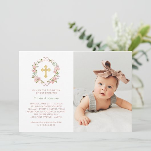  roze rozen en goudkruis | Fotobaptisme Kaart (Staand voorkant)