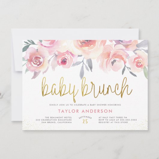Roze rozen en Greenery Gold Baby Brunch Baby showe Kaart (Voorkant)