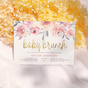 Roze rozen en Greenery Gold Baby Brunch Baby showe Kaart