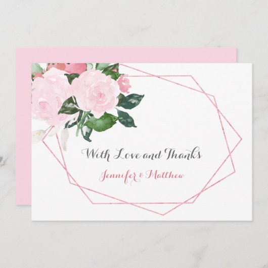 Roze Rozen en groen geometrische flat dank u | Bedankkaart (Voorkant / Achterkant)