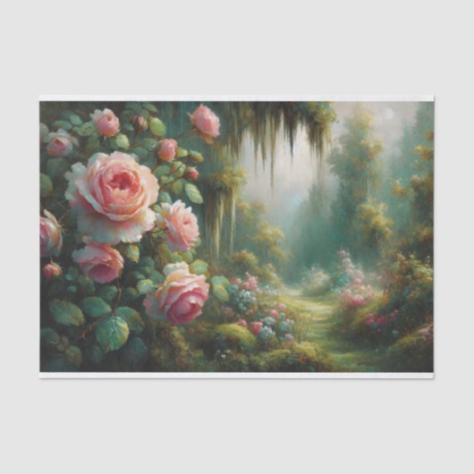 Roze Rozen en Groen Mos Impressionistische Decoupa Tissuepapier (Voorkant)