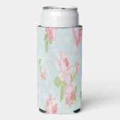 Roze rozen en groene bladeren blauw seltzer blikjeskoeler (Seltzer Achterkant)