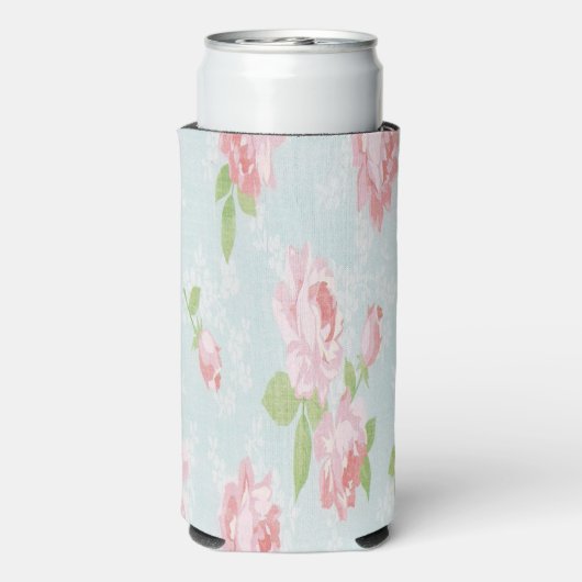 Roze rozen en groene bladeren blauw seltzer blikjeskoeler (Seltzer Achterkant)