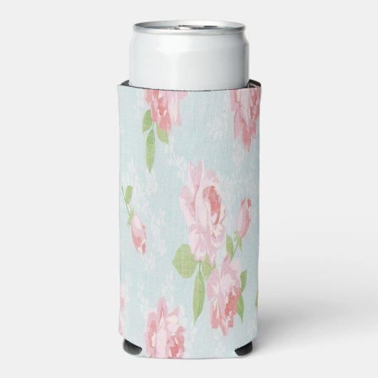Roze rozen en groene bladeren blauw seltzer blikjeskoeler (Seltzer Voorkant)