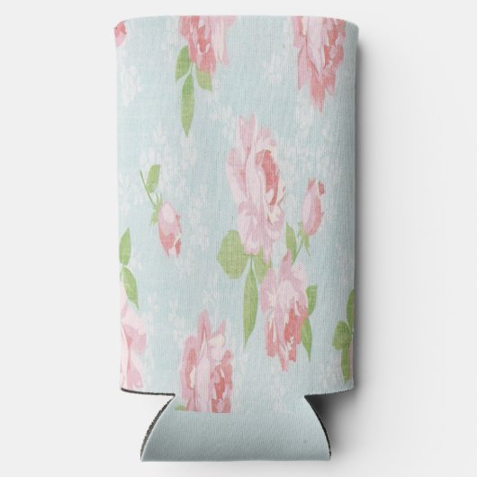 Roze rozen en groene bladeren blauw seltzer blikjeskoeler (Achterkant)