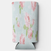 Roze rozen en groene bladeren blauw seltzer blikjeskoeler (Voorkant)