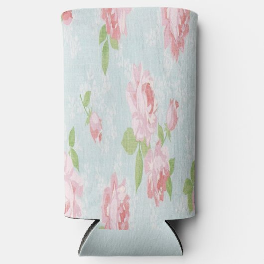 Roze rozen en groene bladeren blauw seltzer blikjeskoeler (Voorkant)