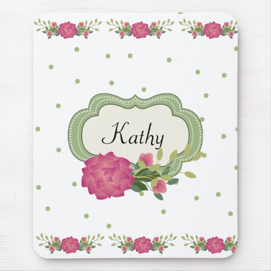 Roze rozen en groene polka stippen muismat (Voorkant)