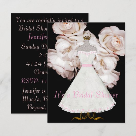 Roze rozen en Gwn Bridal Shower Invitation Kaart (Voorkant / Achterkant)