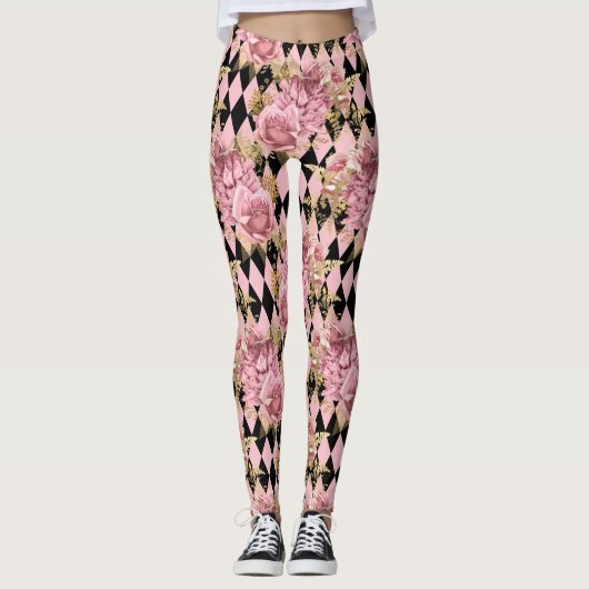Roze rozen en Harlekijn Leggings (Voorkant)