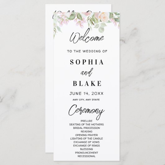 Roze rozen en het Groene Groenery Wedding Programm (Voorkant / Achterkant)