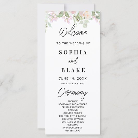 Roze rozen en het Groene Groenery Wedding Programm (Voorkant)