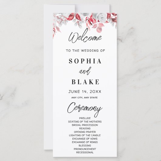 Roze rozen en het Groene Groenery Wedding Programm (Voorkant)