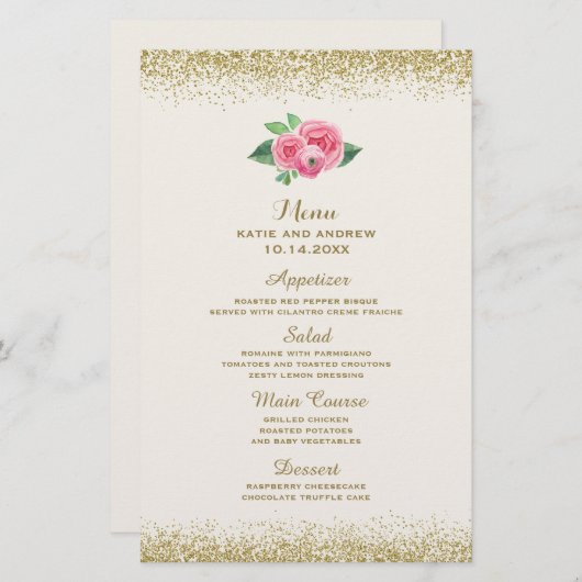  roze rozen en het menu Glitter Wedding (Voorkant / Achterkant)