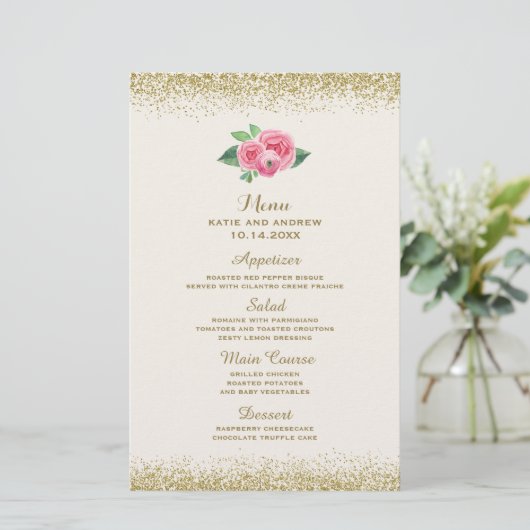  roze rozen en het menu Glitter Wedding (Staand voorkant)