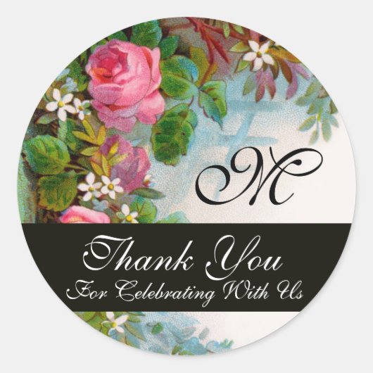ROZE ROZEN EN JASMIJN BLOEMEN Dank u Ronde Sticker (Voorkant)