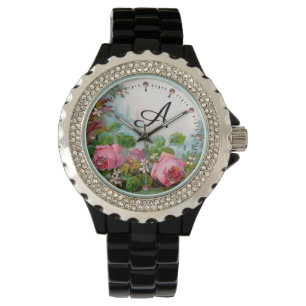 ROZE ROZEN EN JASMINES,FLORALE MONOGRAAM HORLOGE