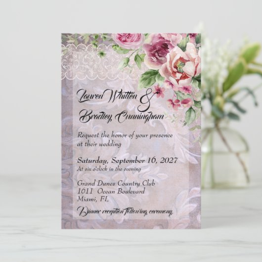 roze rozen en kant bruiloft kaart (Staand voorkant)