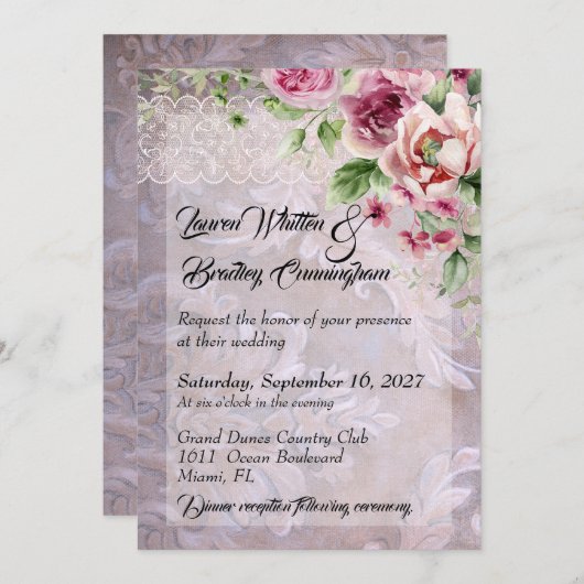 roze rozen en kant bruiloft kaart (Voorkant / Achterkant)