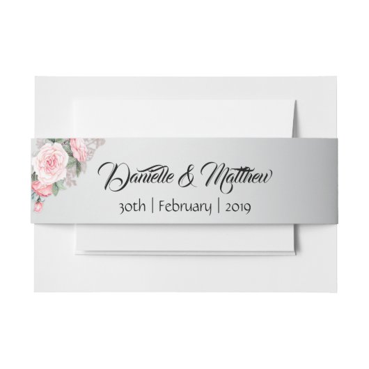 Roze rozen en korstzilverkleurig huwelijk uitnodigingen wikkel (Voorkant Voorbeeld)