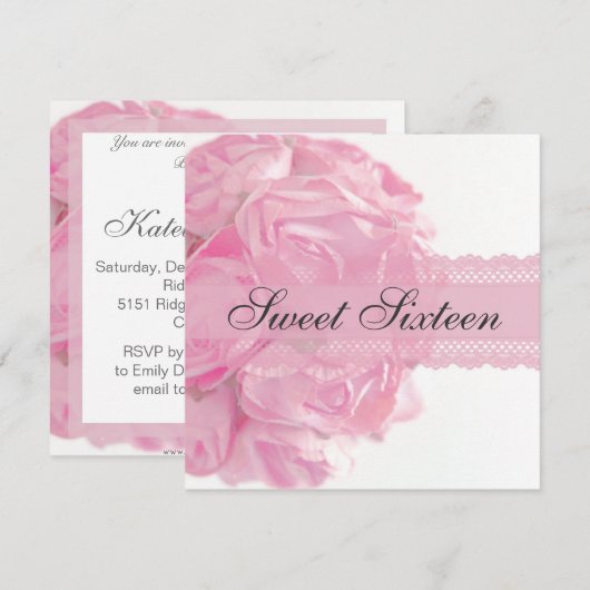 Roze rozen en Lace Sweet Sixteen Birthday Party Kaart (Voorkant / Achterkant)