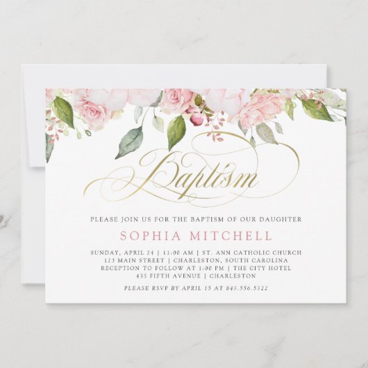 Roze rozen en legant Gold Script | Baptisme Kaart (Voorkant)