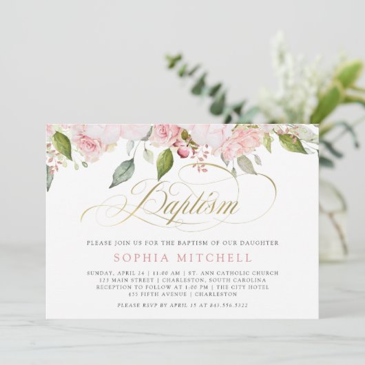 Roze rozen en legant Gold Script | Baptisme Kaart (Staand voorkant)