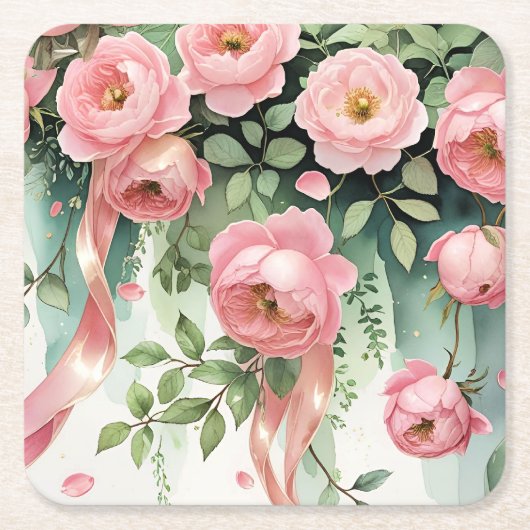 Roze Rozen en Lint Kartonnen Onderzetters (Voorkant)