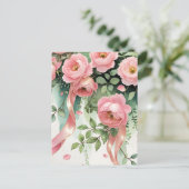 Roze rozen en linten briefkaart (Staand voorkant)