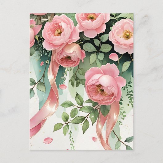 Roze rozen en linten briefkaart (Voorkant)