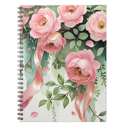 Roze rozen en linten notitieboek (Voorkant)