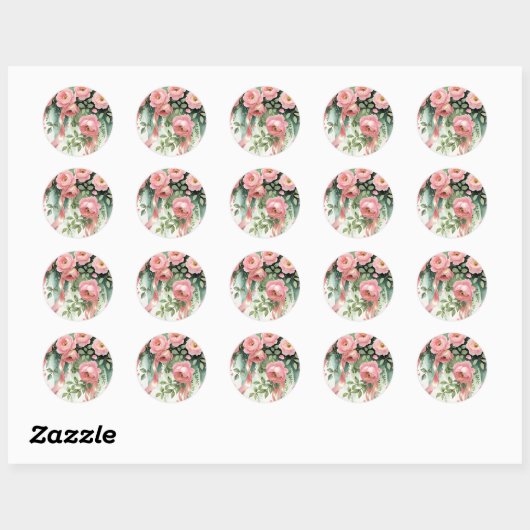 Roze rozen en linten ronde sticker (Vel)