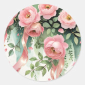 Roze rozen en linten ronde sticker (Voorkant)