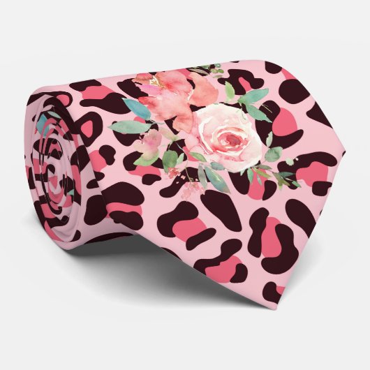 Roze rozen en luipaard Print Punk Rock Stropdas (Opgerold)
